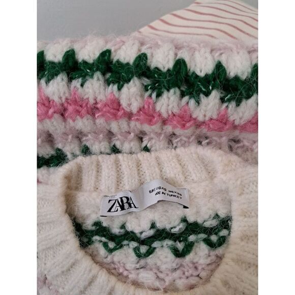 Zara Womens Small SOFT STRIPE KNIT Alpaca sweater Top Short Sleeve Pink Green - Picture 6 of 6